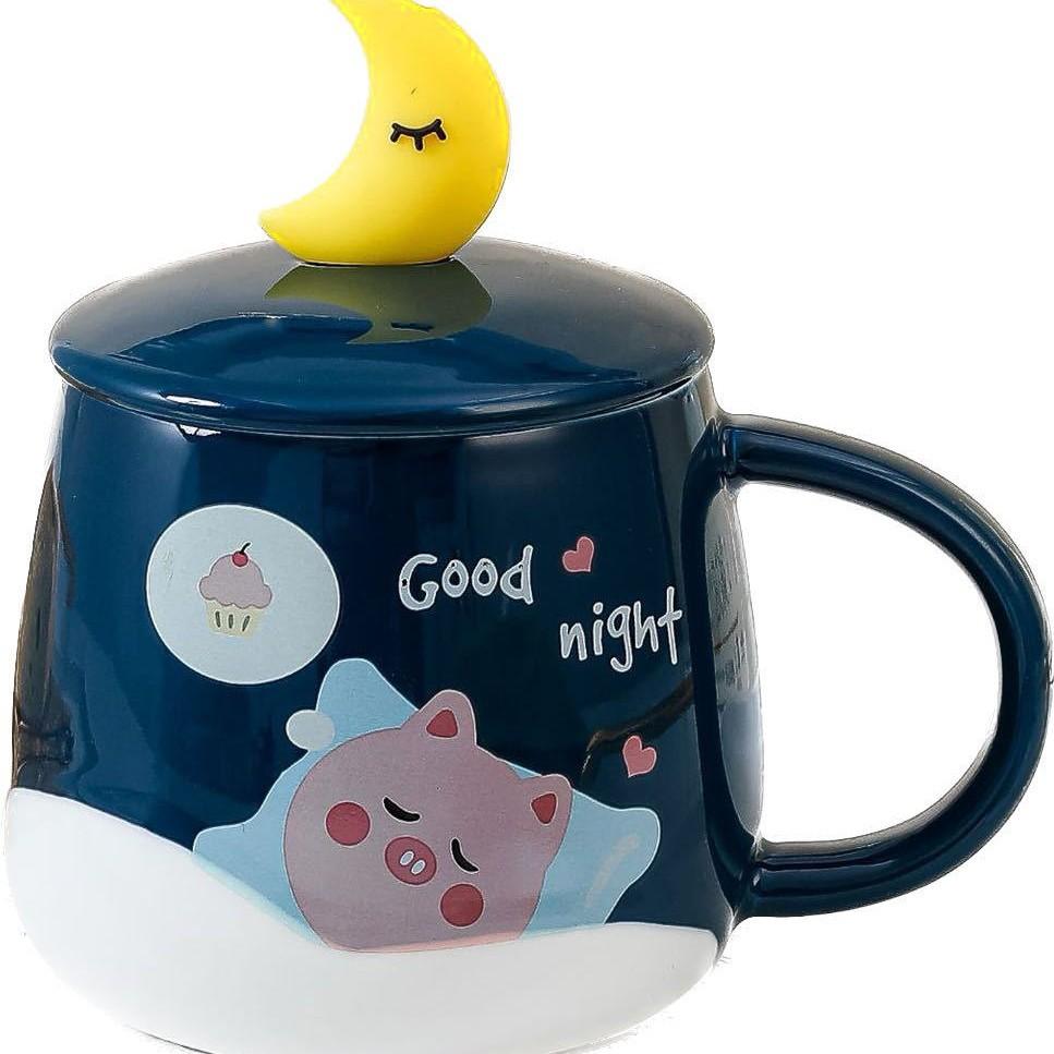 Cana de apă ceramică Model drăguț de desene animate cu capac cu linguriță lună Cană de cafea din sticlă pentru birou Rezistență la temperaturi înalte Uz casnic