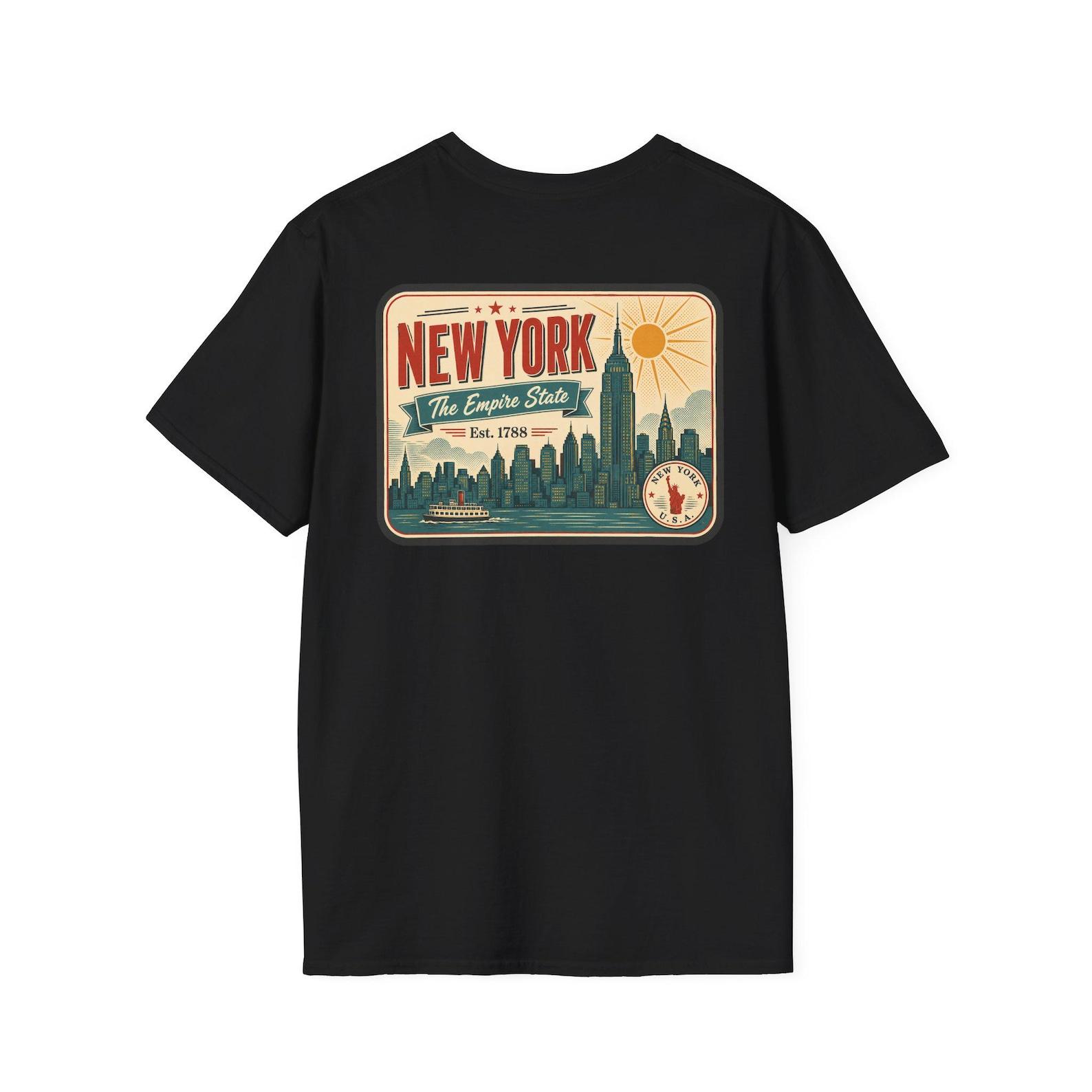 New York Skyline T-Shirt | Vintage Mid-Century Travel Luggage Tag Tee | Empire State Souvenir | NY Road Trip Gift 3XL
