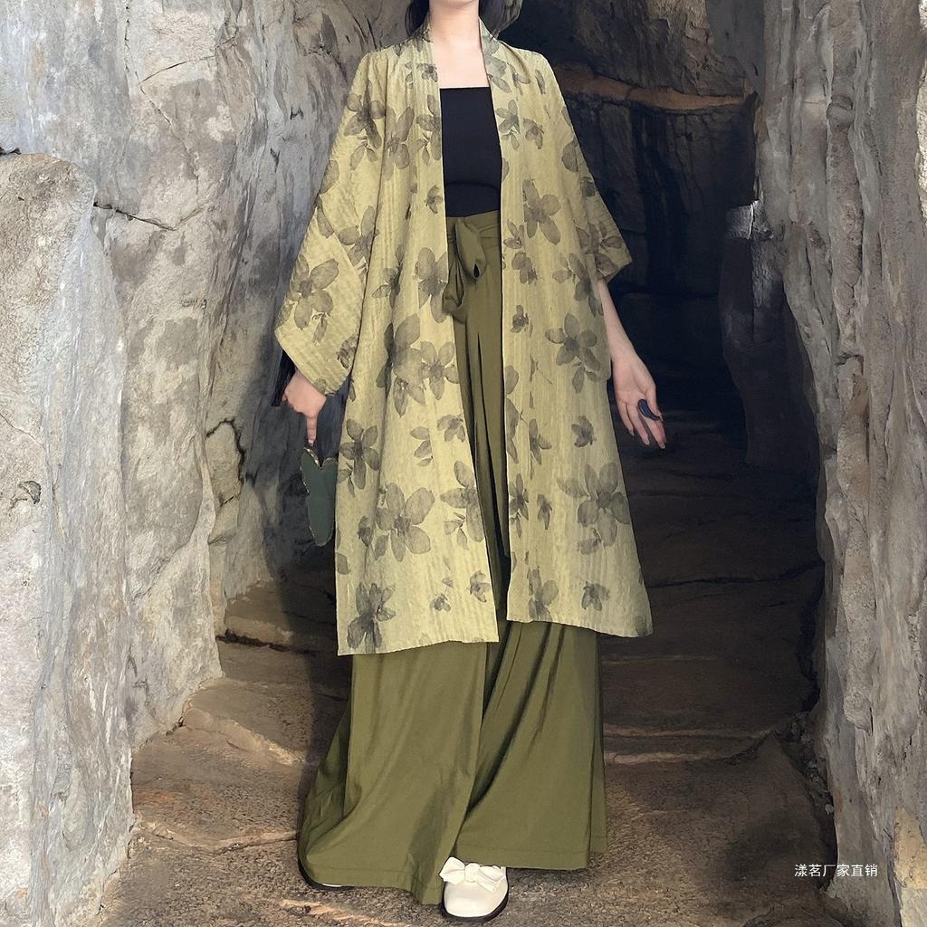 Women's 3-Piece Chinese Hanfu Set, Printed Open Front Cardigan & Wide Leg Song Pants, Zen Style Daily Wear Outfit