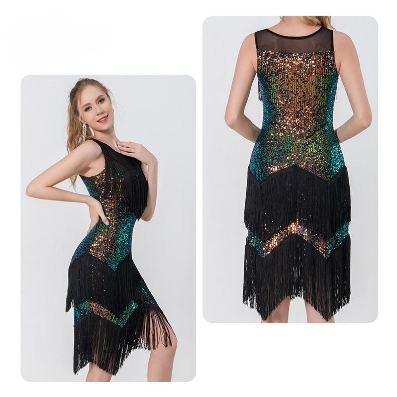 Sequined Tassel Dress Female Latin Dance Dress Prom Party Dress Stage Dress Big Skirt