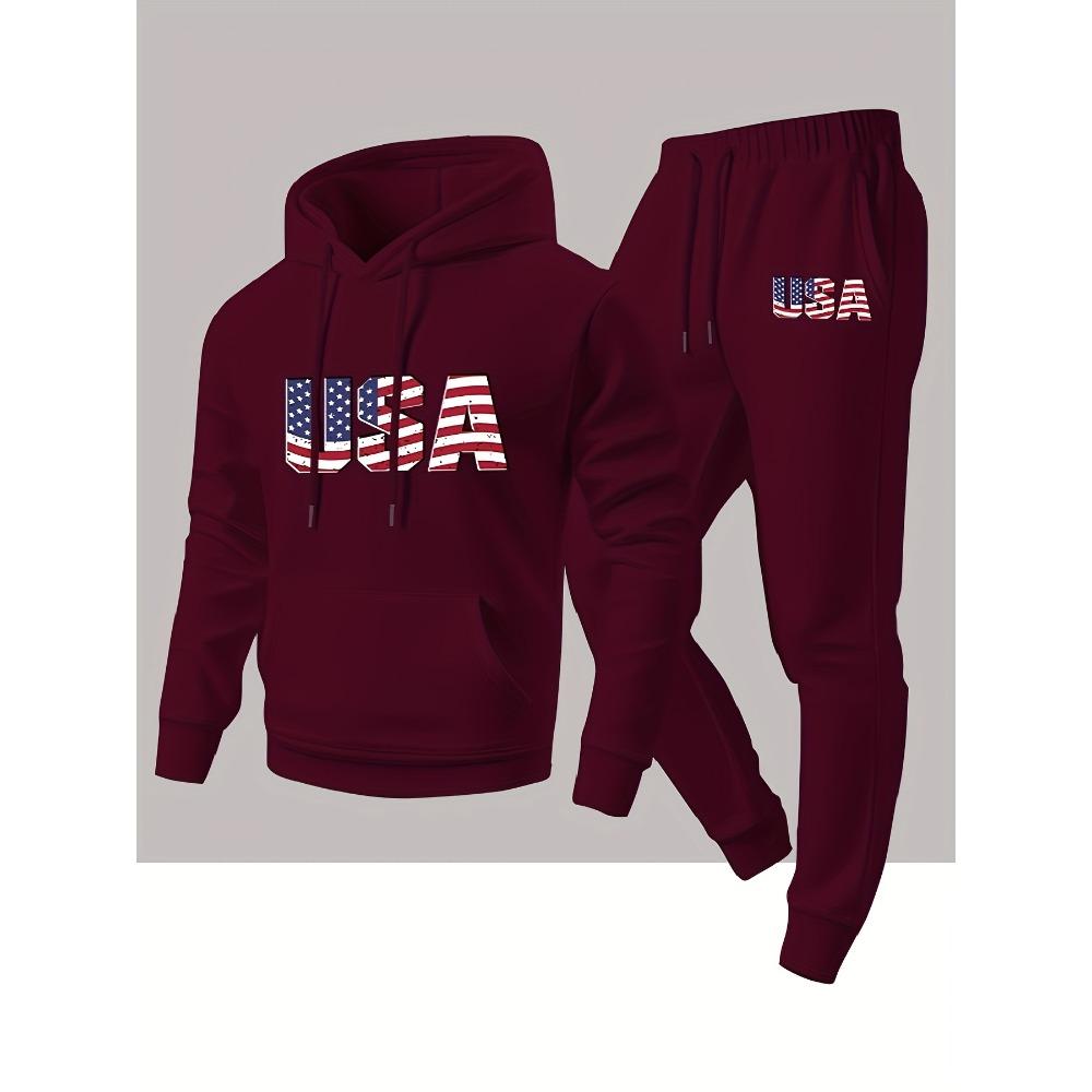 Autumn and Winter Men's Sports and Leisure Hooded Sweatshirt and Sweatpants Set 2 Pieces with Fashionable National Flag Print
