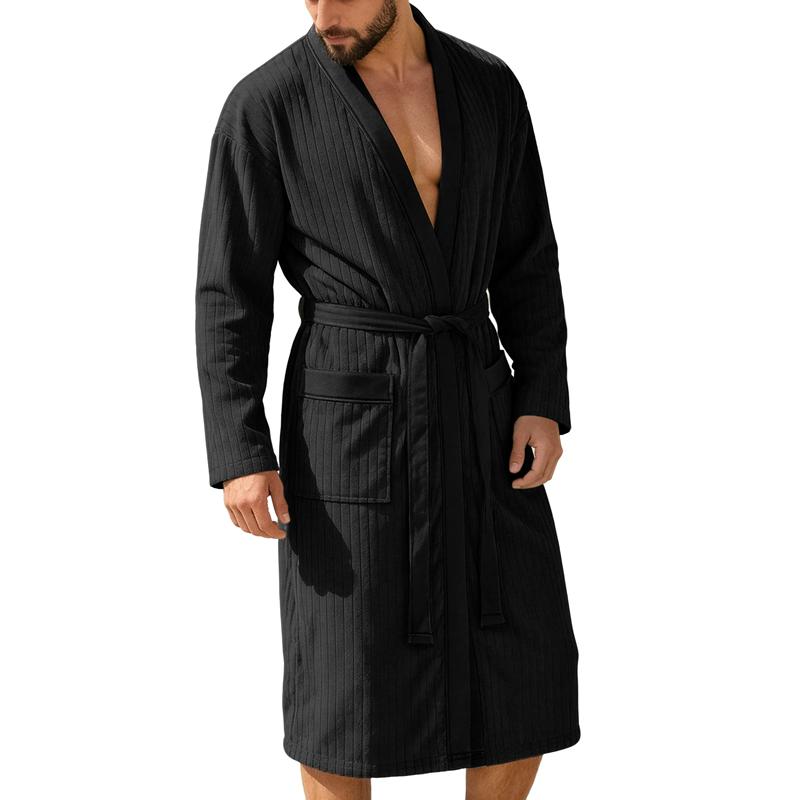 

Men s Waffle Knit Bath Robe Long Sleeve V-Neck Kimono Style Sleepwear with Belt and Pockets M чёрный