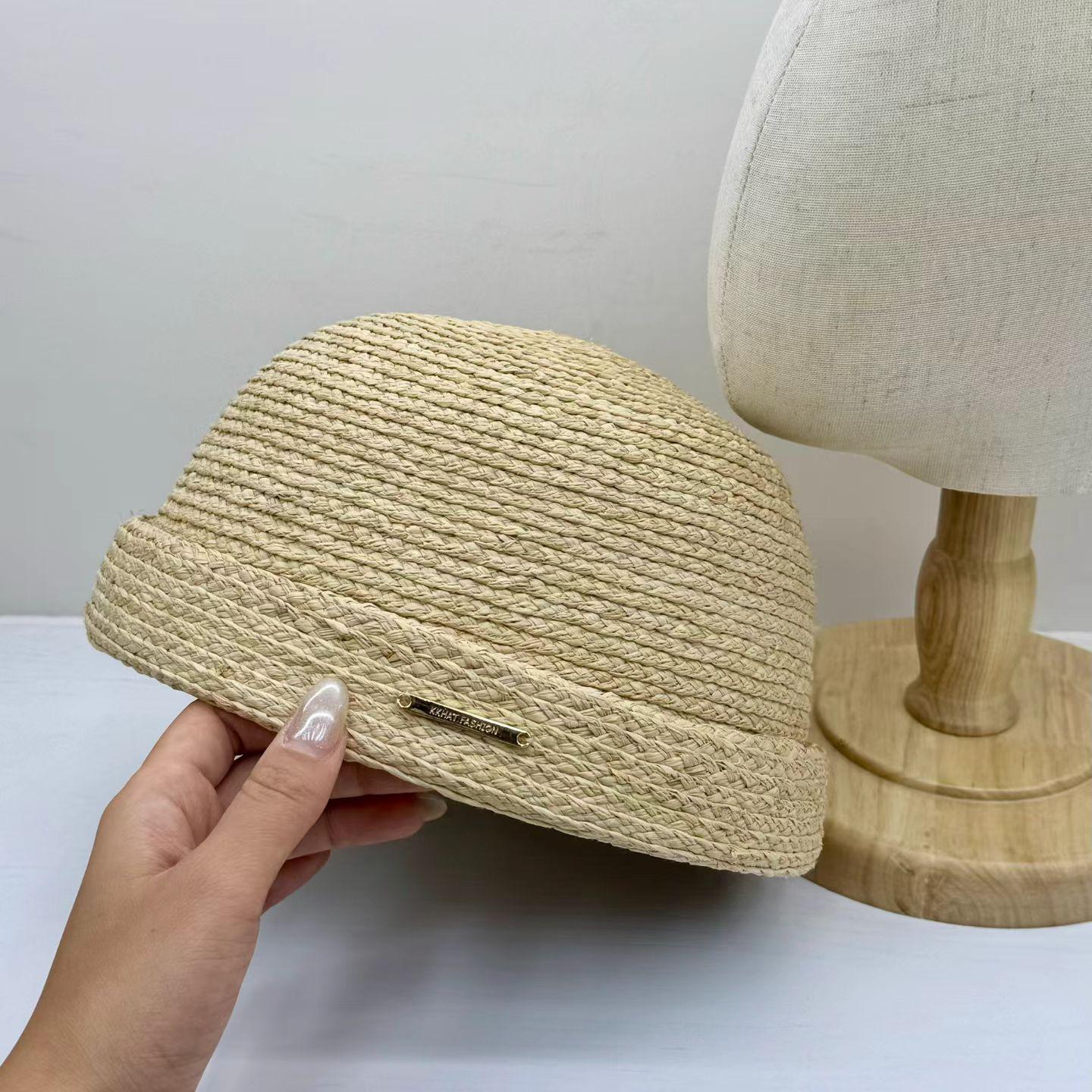 

100% Raffia Handmade Curled Edge Fedora Summer Beach Cap Vintage Women Landlord Cap Beanie Streetwear Dome Hat Hip Hop Beret Hat 54-58cm
