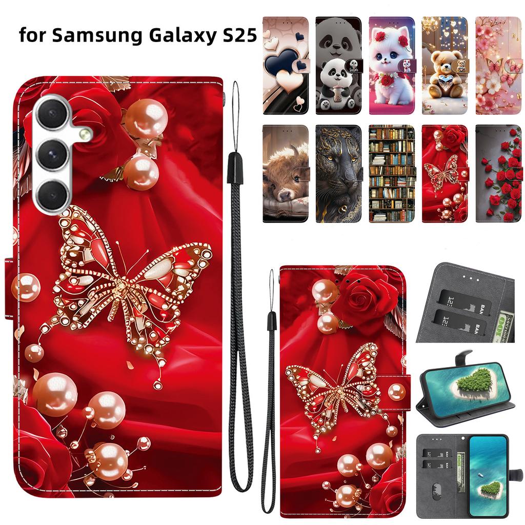 Handmade PU Leather Flip Case for Samsung Galaxy S25 (SM-S931B)- Anti-Slip Shockproof Cover with Wrist Strap & Heart/Rose Cat Designs