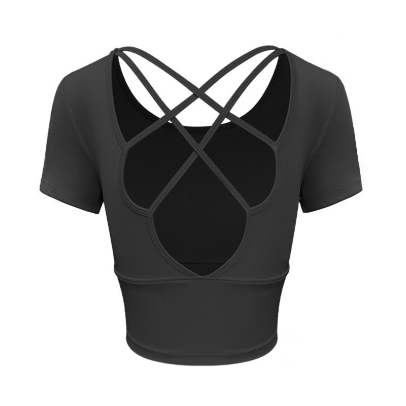 

Женский летний топ для йоги: Кроп-топ с перекрестной спинкой и нагрудными вкладышами, фитнес-одежда с коротким рукавом Small