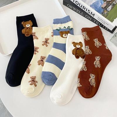 Women's Autumn Striped Teddy Bear Mid-Calf Socks - Korean College Style Cotton Socks