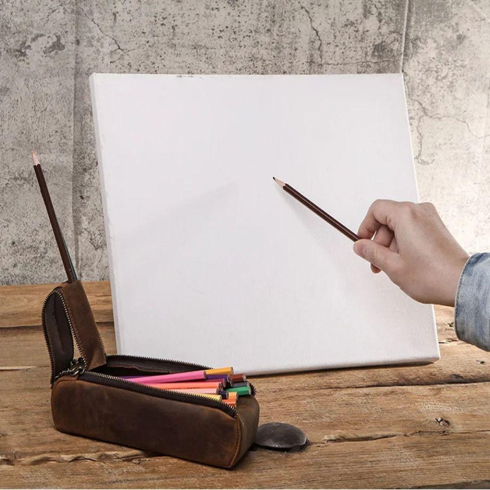 Retro Large Capacity Zipper Pen Pencil Case Handmade Leather Pen Pouch Holder Durable Vintage Desktop Organizer School