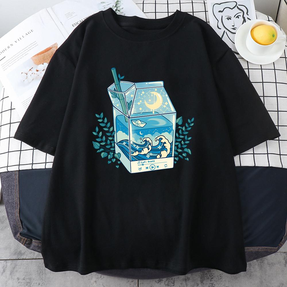 Milk Box Moonlight Waves Prints Man Cotton Clothing Creativity Casual Crewneck T-Shirts Mens Short Sleeve