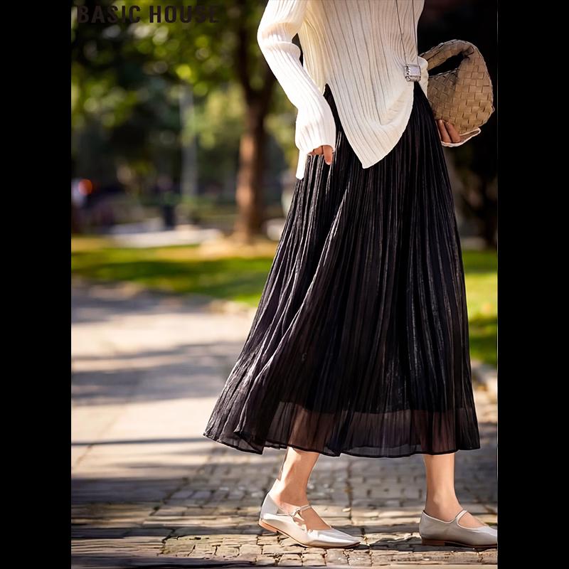 Basic House Women s High-Waist A-Line Pleated Mesh Midi Skirt M