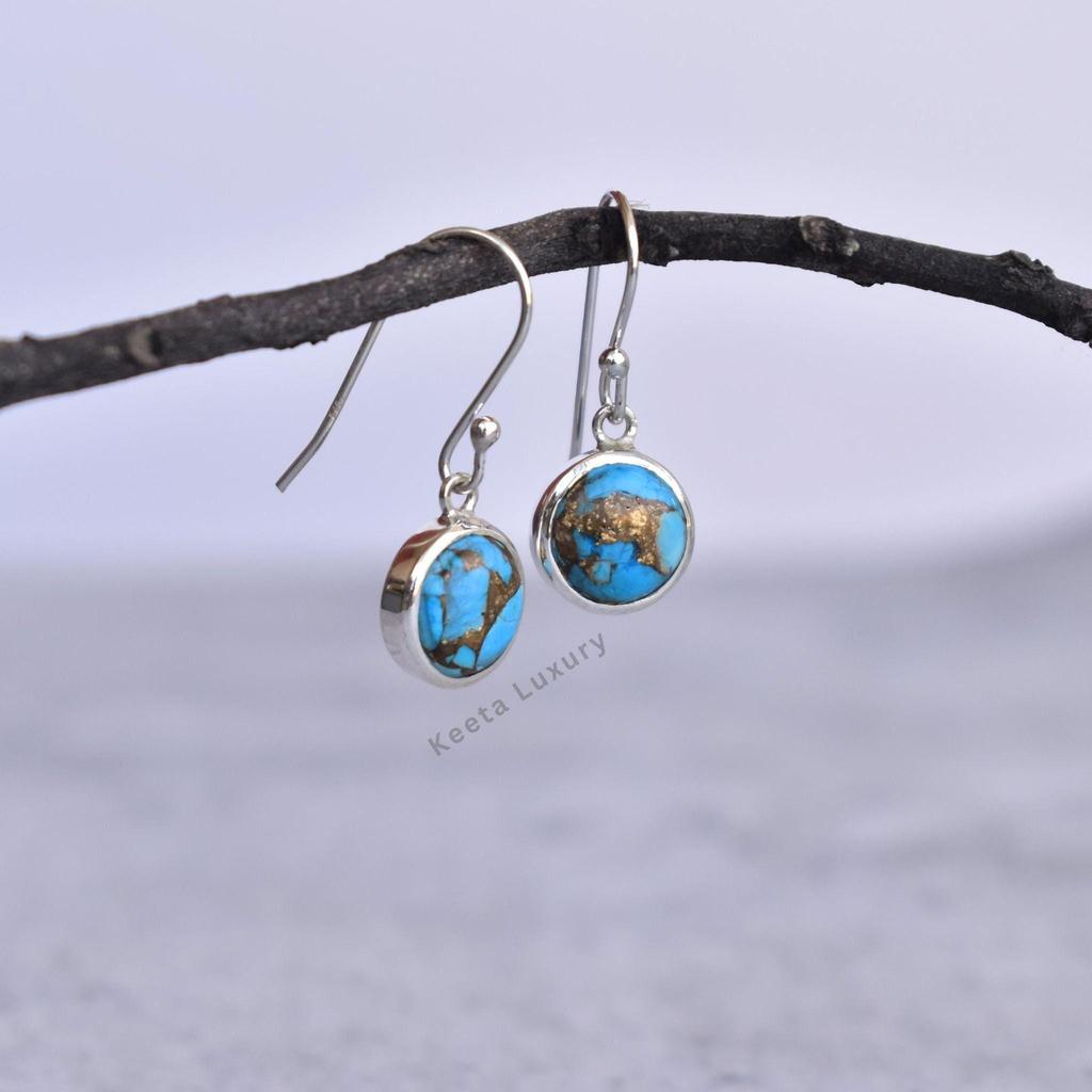 Copper turquoise Earrings Handmade Earrings for Women Turquoise round dangle hook Earrings Healing crystal earrings Bridesmaid Gift