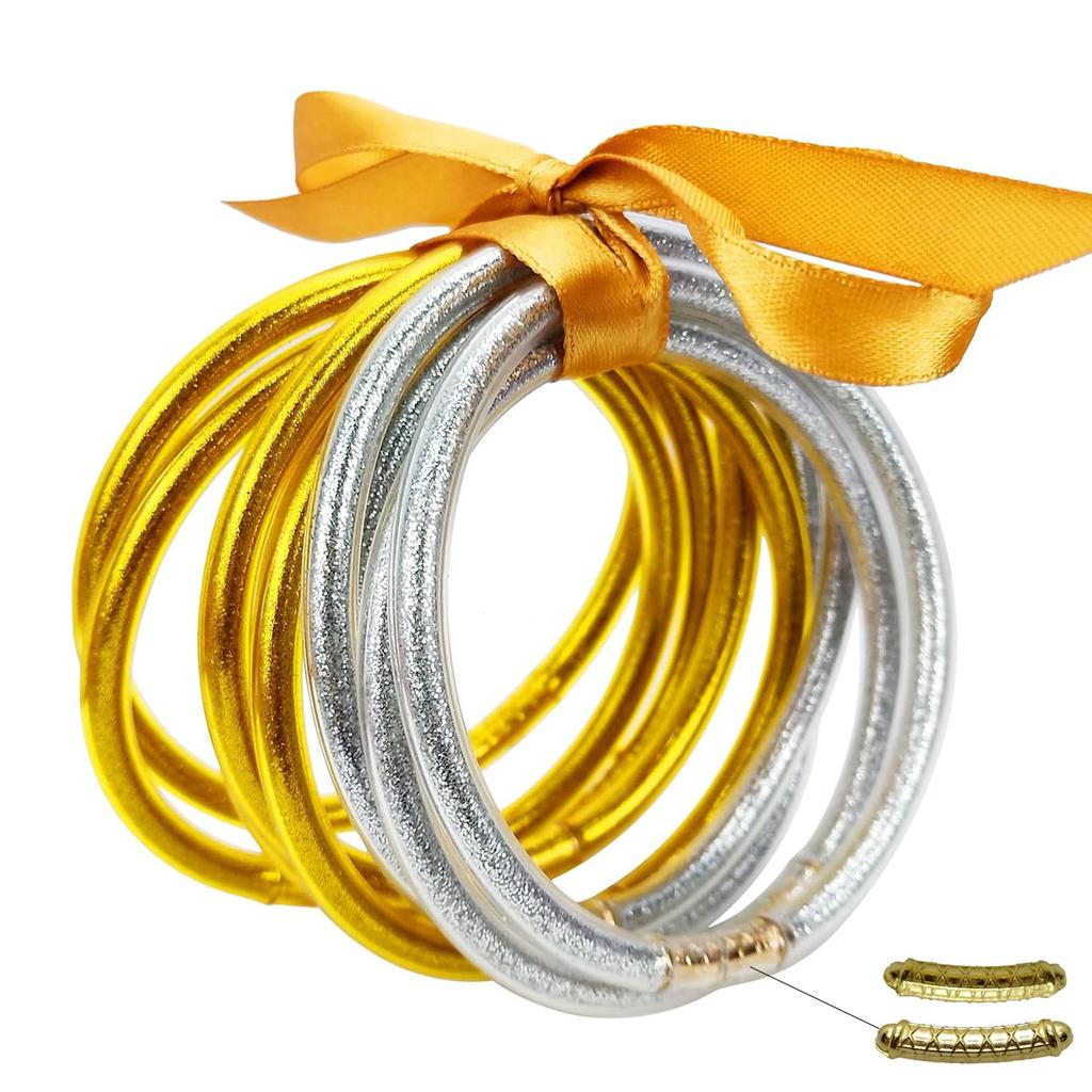 9 Stück/Set Modeschmuck Goldenes Armband Buddhistisches Jonc Armreifen Set für Damen Glitzergefülltes Jelly Silikon Buddha Mädchen Armbänder