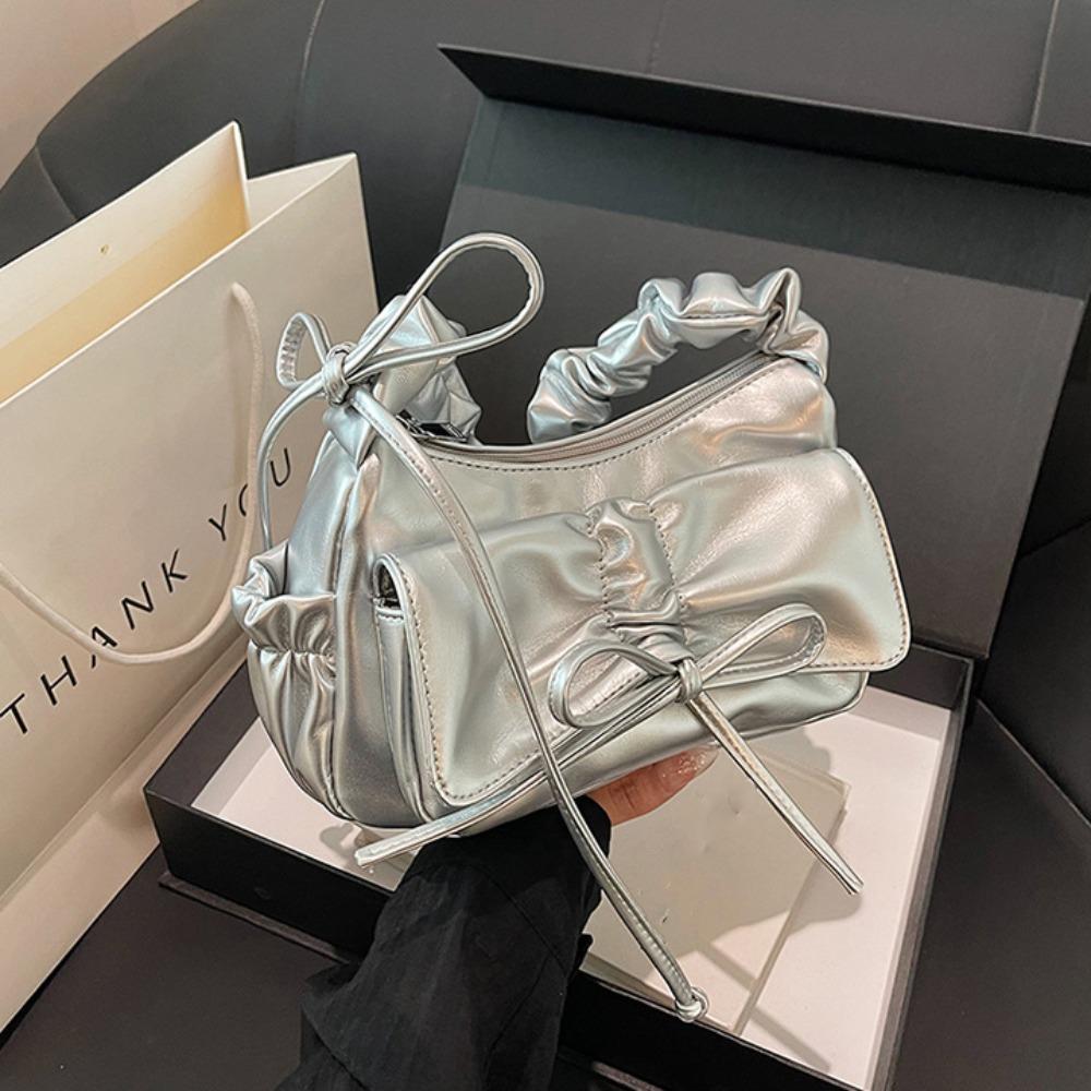 

Ruched Bowknot Shoulder Bag French Style Crossbody Bag Elegant Pleated Drawstring Bag Girls