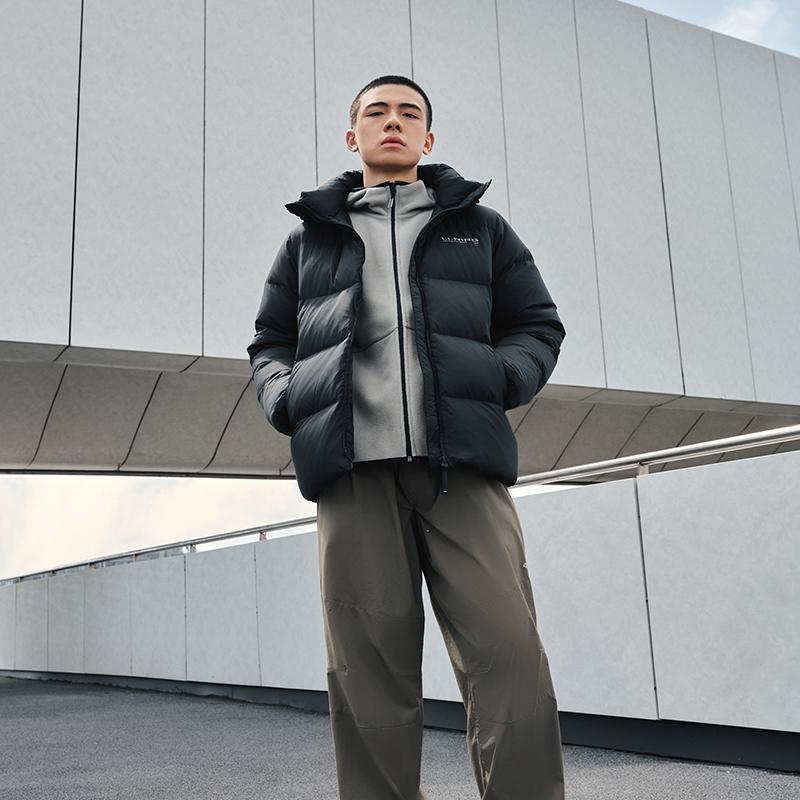 Li Ning Hot Pot Down Jacket Solid Color Zip Hooded Long Sleeve Men outerwear Black AYMT315-5