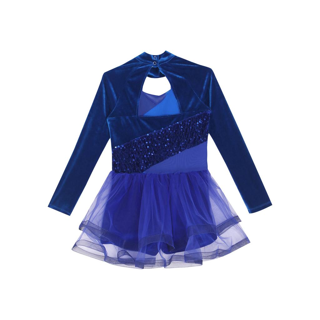 Girls Sparkling Sequins Dance Dress Mock Neck Long Sleeve with Velvet Patchwork Tutu Skirt for Performance 6-14