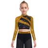 Mädchen Rollkragen Langarm Pailletten Strass Crop Top Cutout Rücken Druckknopf Tanz Top