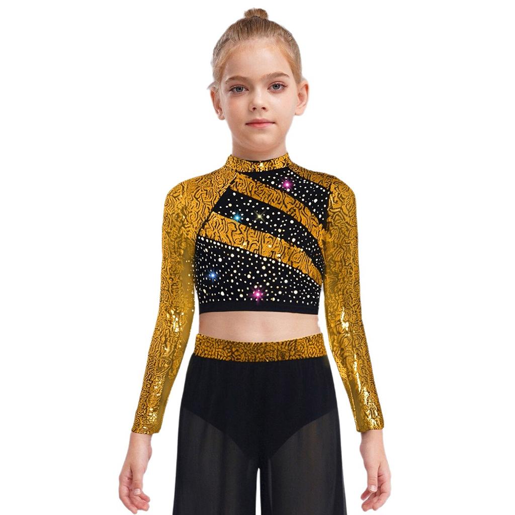 Mädchen Rollkragen Langarm Pailletten Strass Crop Top Cutout Rücken Druckknopf Tanz Top
