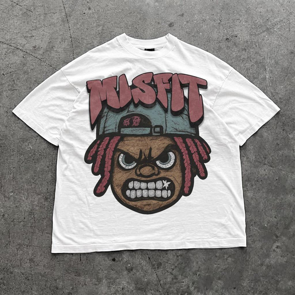 MISFIT Cartoon Trap T-Shirt | Angry Face Streetwear Tee | Oversized Grunge Rap Shirt | Cropped Hip Hop Graphic | Y2K Urban Fashion