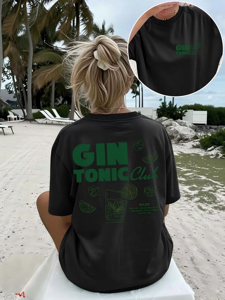 Summer Harajuku Streetwear Beach TShirt Gin Tonic Club Graphic Print Tee Casual Short Sleeve Crew Neck Top Holiday Vacation Tee