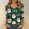 Women's Christmas Printed V-Neck 3/4 Sleeve Loose Fit Casual Shirt