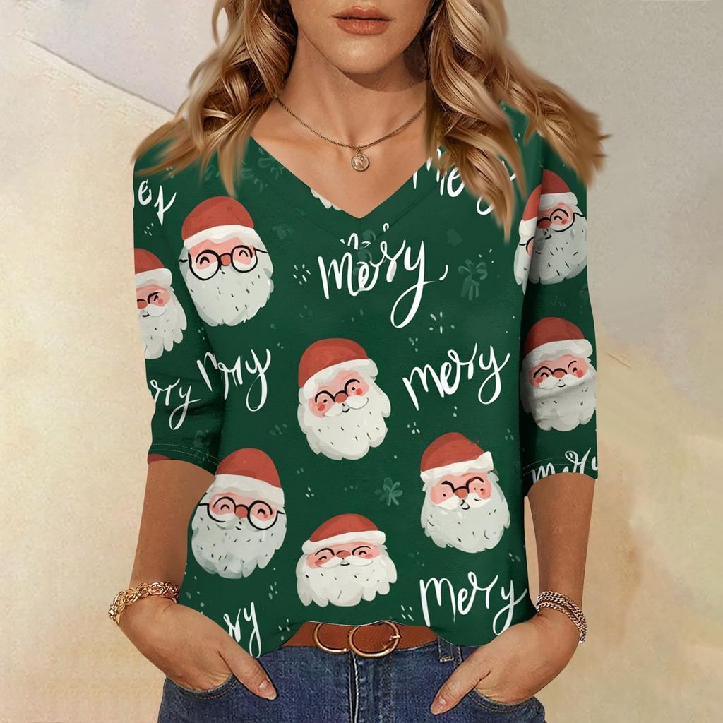 Women's Christmas Printed V-Neck 3/4 Sleeve Loose Fit Casual Shirt