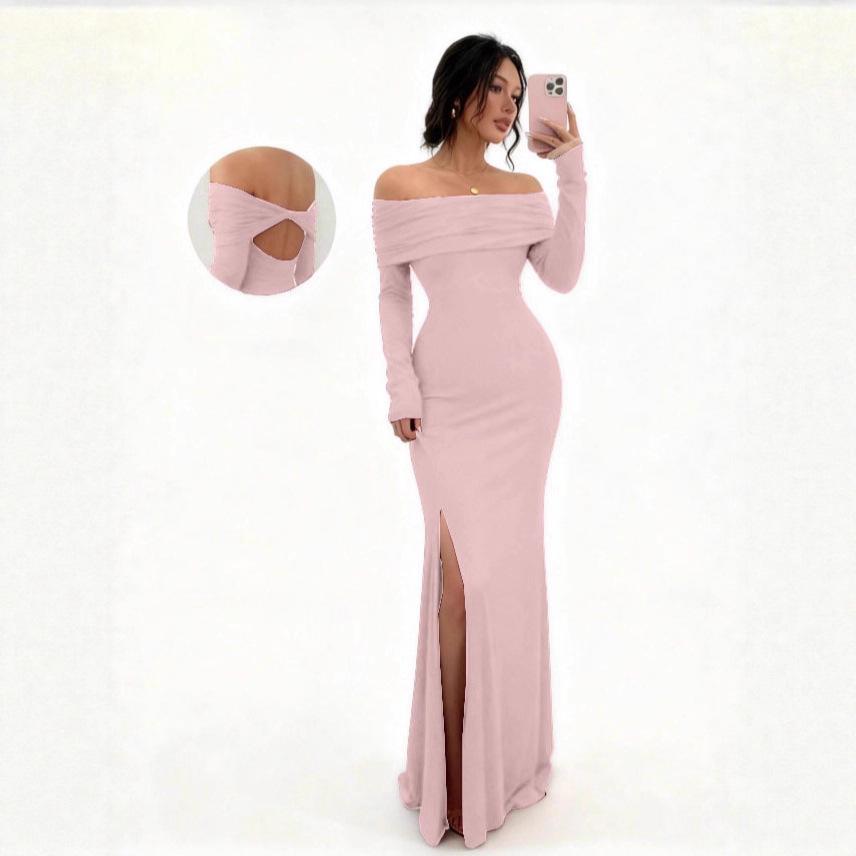 2026 Autumn One-Shoulder Slit Long Sleeve Slim Fit Socialite Dress