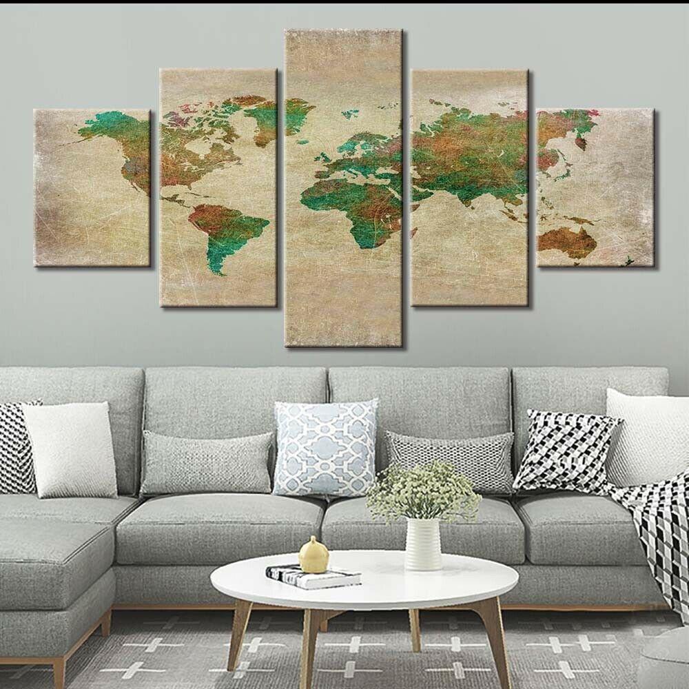5Pcs Ocean World Map Sea Green Decor 5 Pieces Pictures Canvas Art Poster HD Print Home Decor Paintings Wall No Framed Abstract