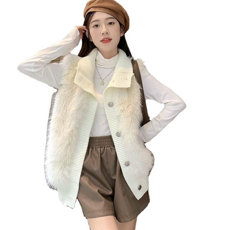 Korean Style Stand Collar Faux Fur Knit Sweater Women's Coat Autumn Winter New Style Loose Elegant Knit Cardigan