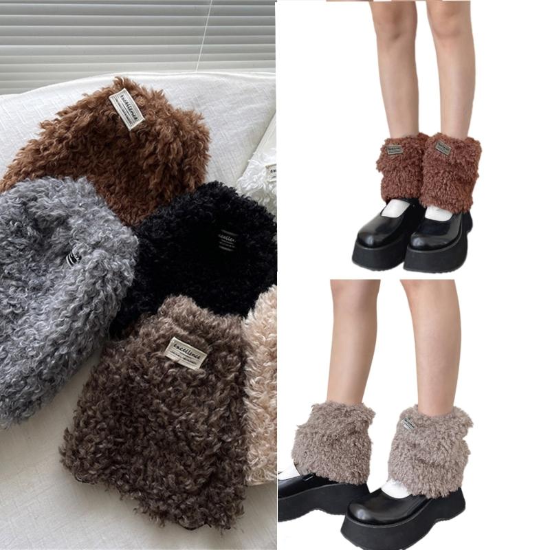Women Furry Leg Warmers with Letter Label Aesthetic Winter Warm Fuzzy Plush Boot Cuffs Leg Gaiters Socks Streetwear