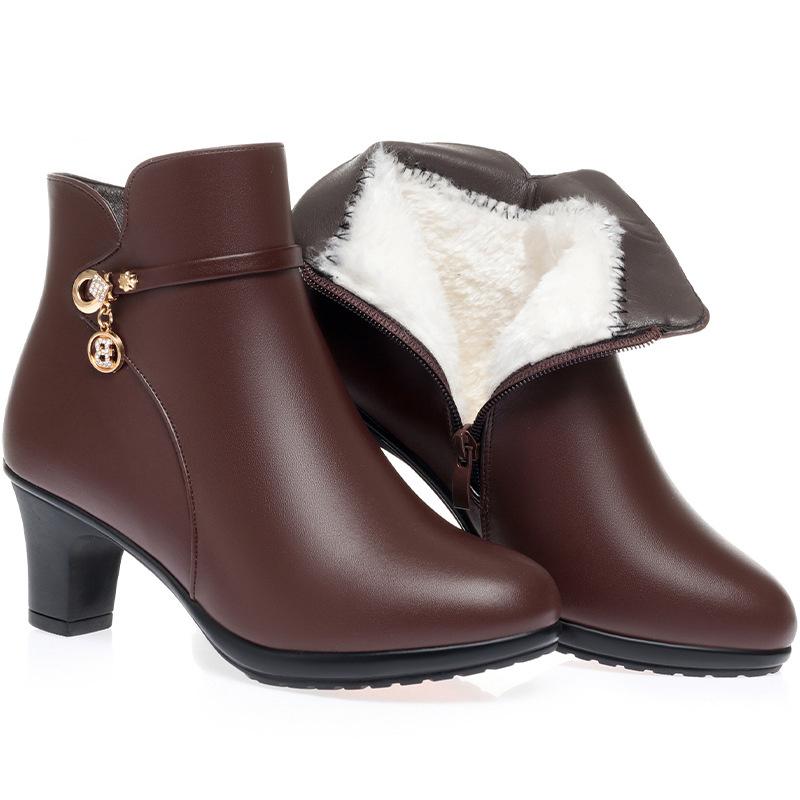 Herbst Winter Neue Hochhackige Kurze Stiefel Damen Dicke Absätze Stiefeletten Hoher Absatz Warme Baumwolle Plüsch Schneestiefel