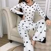 Women's Heart Print Pajama Set: Long Sleeve Top & Lace Trim Pants