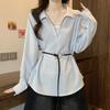 Korean-style V-neck Long-sleeve Shirt for Women, 2026 Spring and Autumn New Model, Versatile for Commuting, Faux Two-piece Top