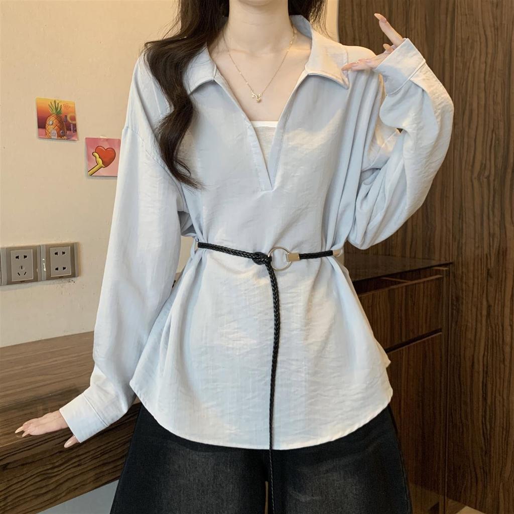 Korean-style V-neck Long-sleeve Shirt for Women, 2026 Spring and Autumn New Model, Versatile for Commuting, Faux Two-piece Top