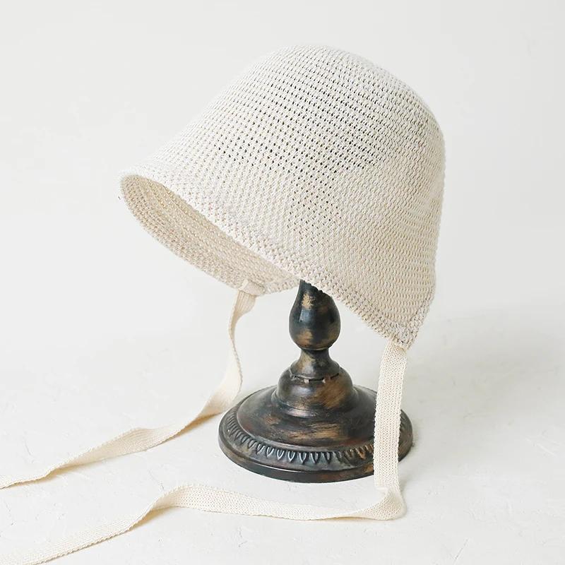 New Japanese Harajuku Lolita-Inspired Knit Bucket Hats Women Ribbon Bow Fisherman Caps Summer Lowy Tie Breathable Beach Sun Hat