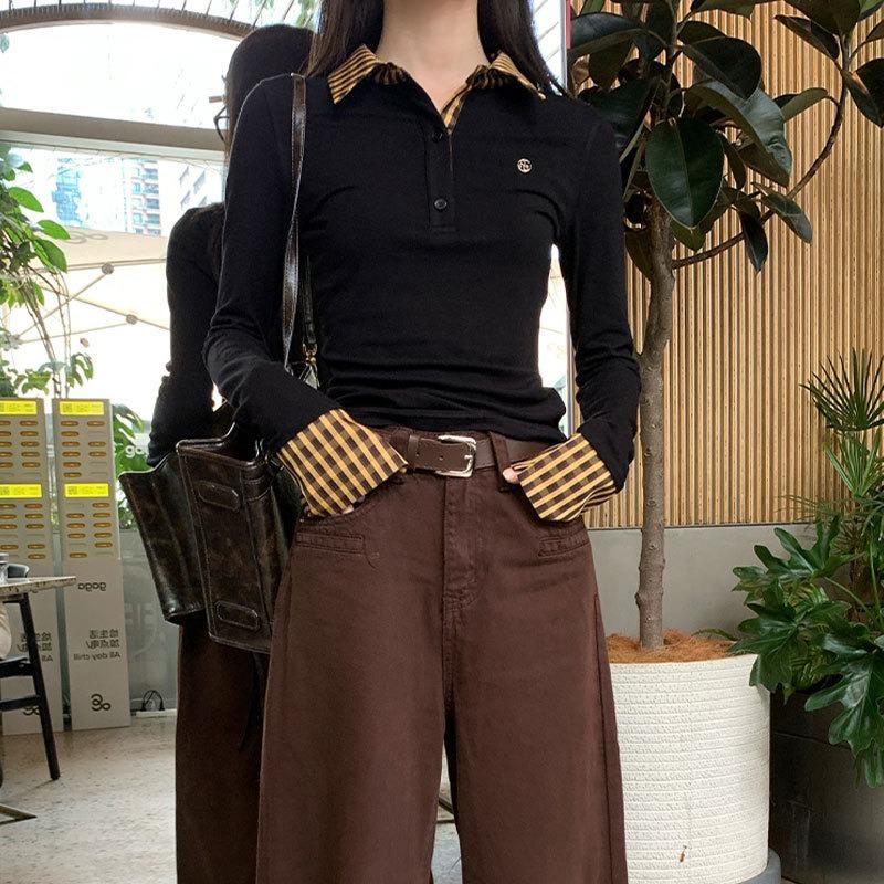 Spring Autumn Plaid Patchwork Fake Two Pieces Tee Women Long Sleeve Polo-neck All-match Pullover T-shirt Top