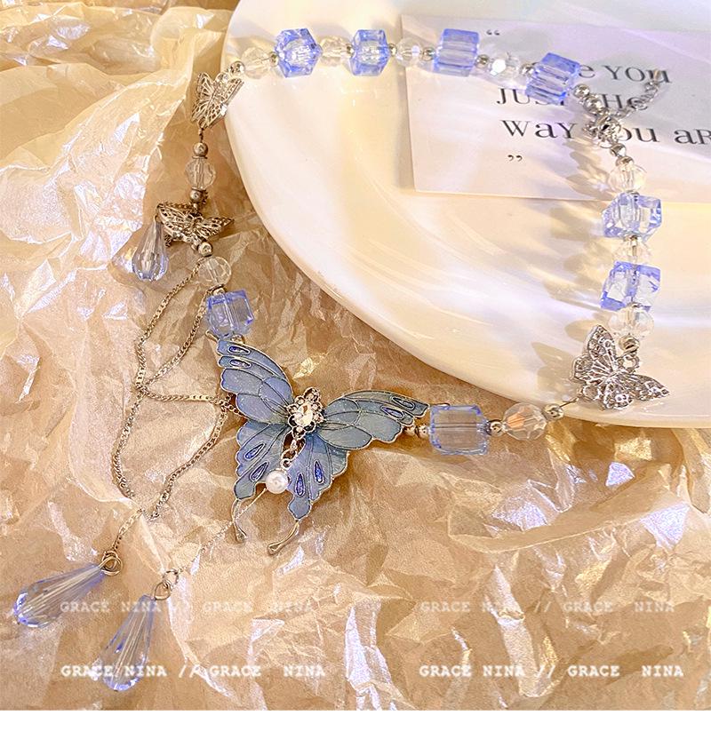 2025 Light Luxury Blue Crystal Butterfly Necklace for Women – Elegant Clavicle Chain Accessory