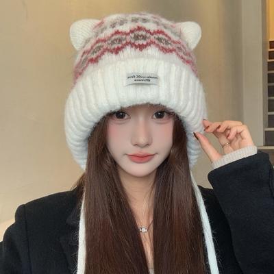 Vintage Jacquard Cat Ears Hat Women'S Fair Island Wind Yarn Hat Windproof Warm Ear Protector Knitted Hat