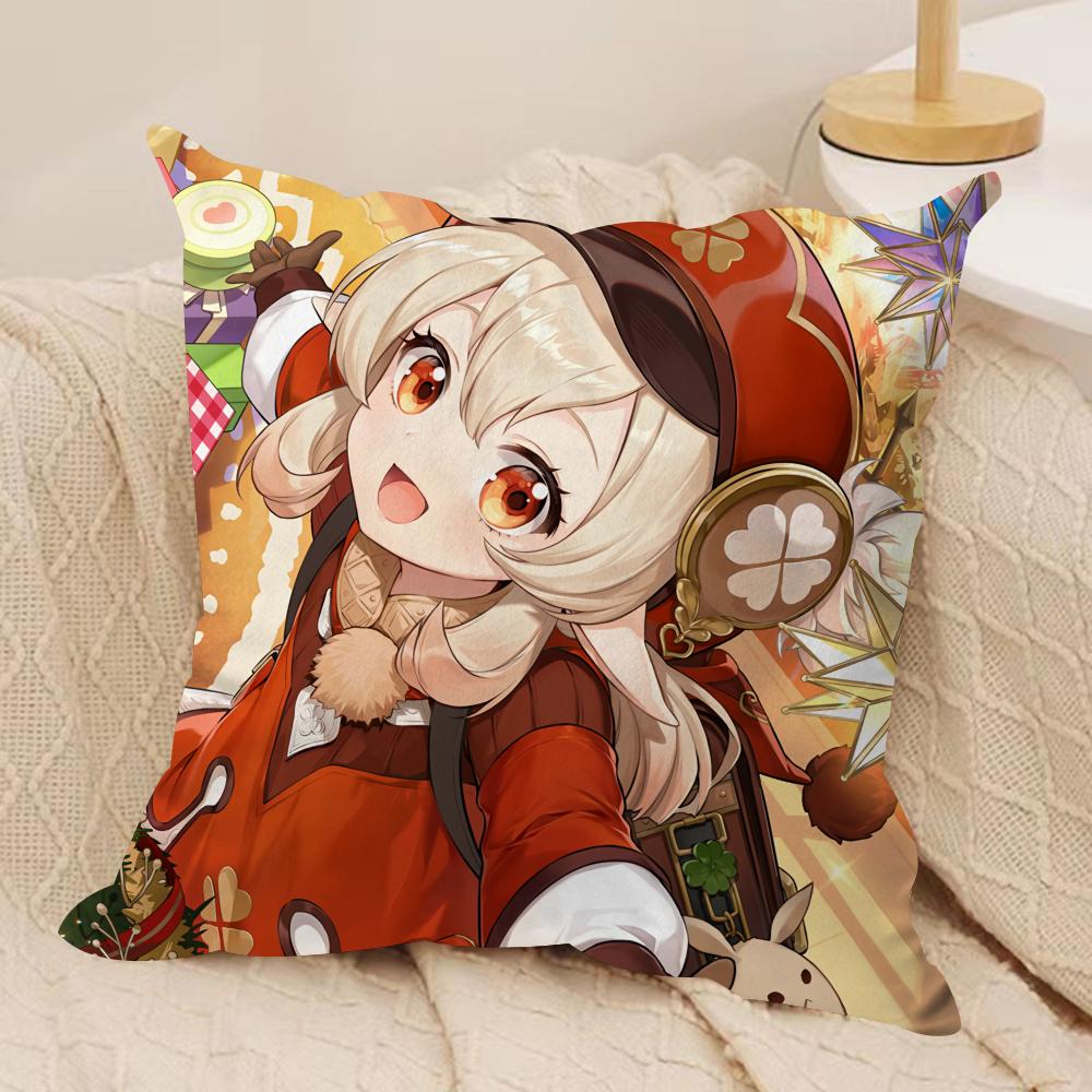 Klee Cute Genshin Impact Cushion Cover Silky Short Plush Invisible Zipper Dustproof Sofa Pillow Case For Home Decor