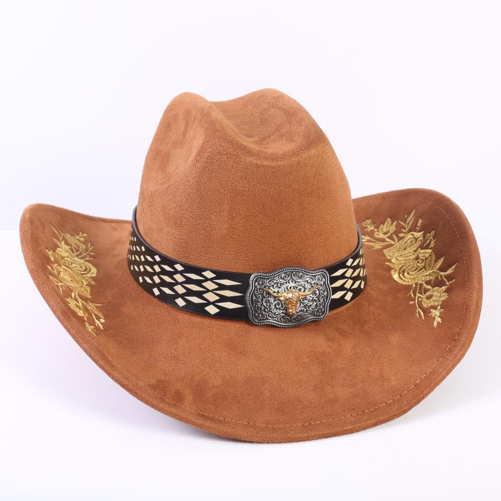 Popular European and American Classic Suede Western Cowboy Hat Men's and Women's Big Brim Embroidered Outdoor Sun Hat