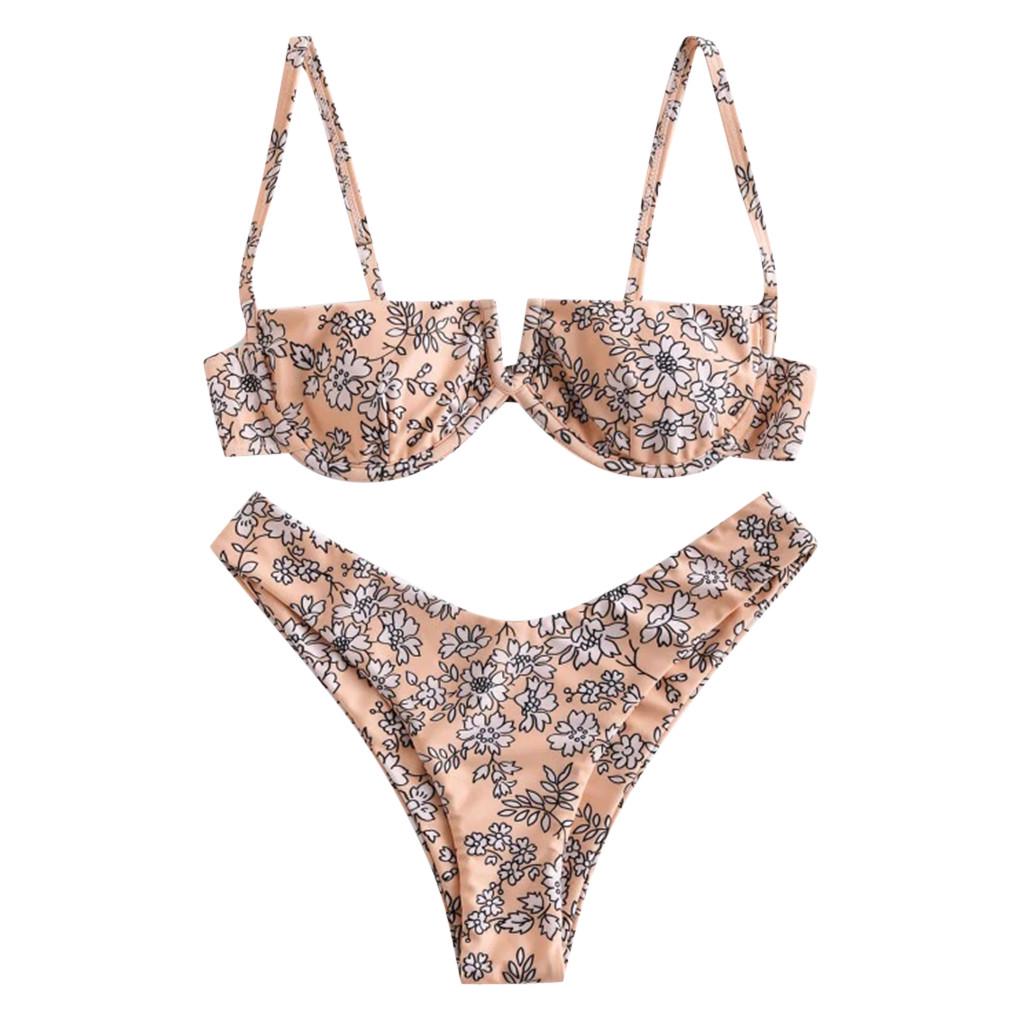 Women Flower Printed High Cut V Wired Bikini Swimwear Swimsuit Beachwear