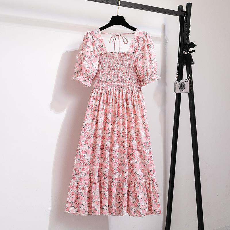Spring Summer Chiffon Dresses Fashion Female Elastic Waist Short Sleeve Pleated Casual Dress Women A-line Dresses