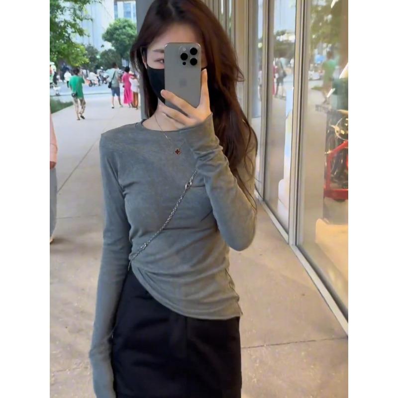 Solid color thin long-sleeved top women's curled edge basic shirt autumn slim-fit versatile bottoming shirt