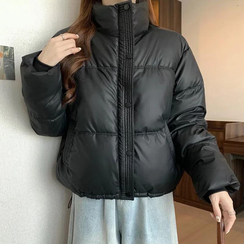 Nowa modna kurtka z kołnierzem typu stójka, krótka, ocieplana bawełną, damska, ciepła kurtka ze sznurkiem ściągającym, kurtka ocieplana bawełną, damski płaszcz
