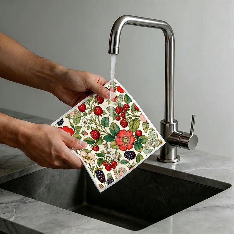 6PCS Cleaning Dishcloths Reusable Kitchen Dish Towels Vintage Floral Berry Print Dishcloth Absorbent Lint Free Cloth Washable Duster Rags Tea Towels