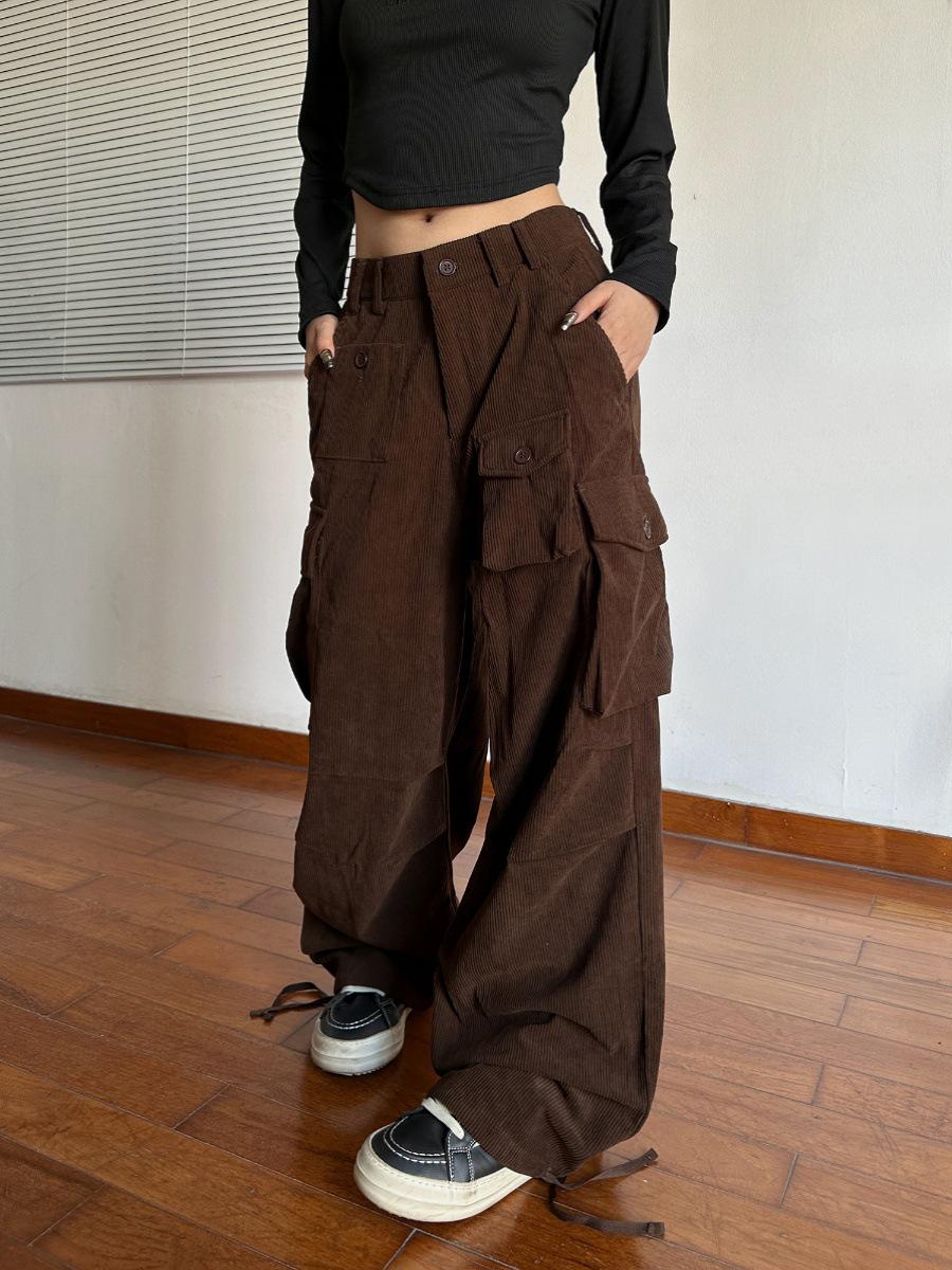 

Вельветові прямі брюки унісекс у стилі ретро – вільний крутий комбінезон у вуличному стилі з дизайном із кількома кишенями на весну та осінь S коричневий