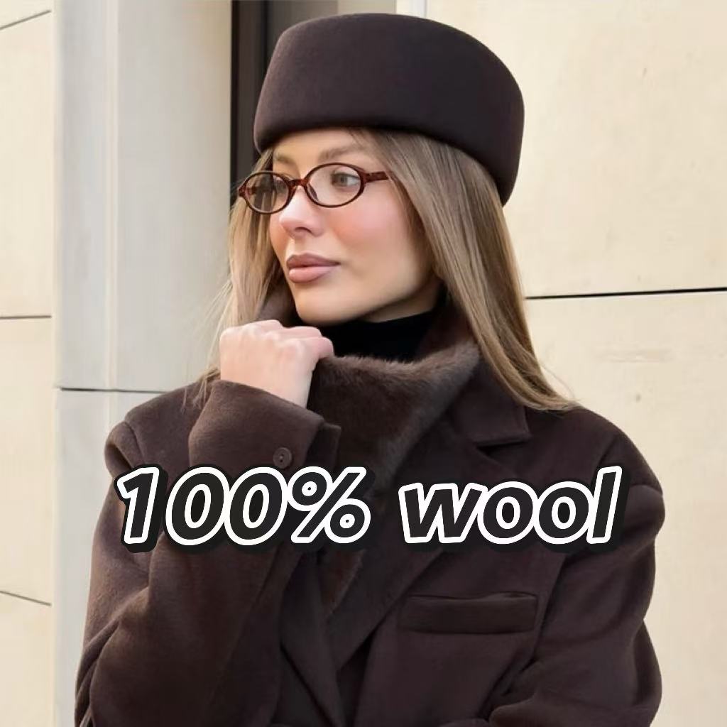 Ins New 100% Wool Flat-Top Fedoras Women Wedding Church Party Pillbox Hat Winter Fashion Retro Lady Hard Top Painter Berets Cap