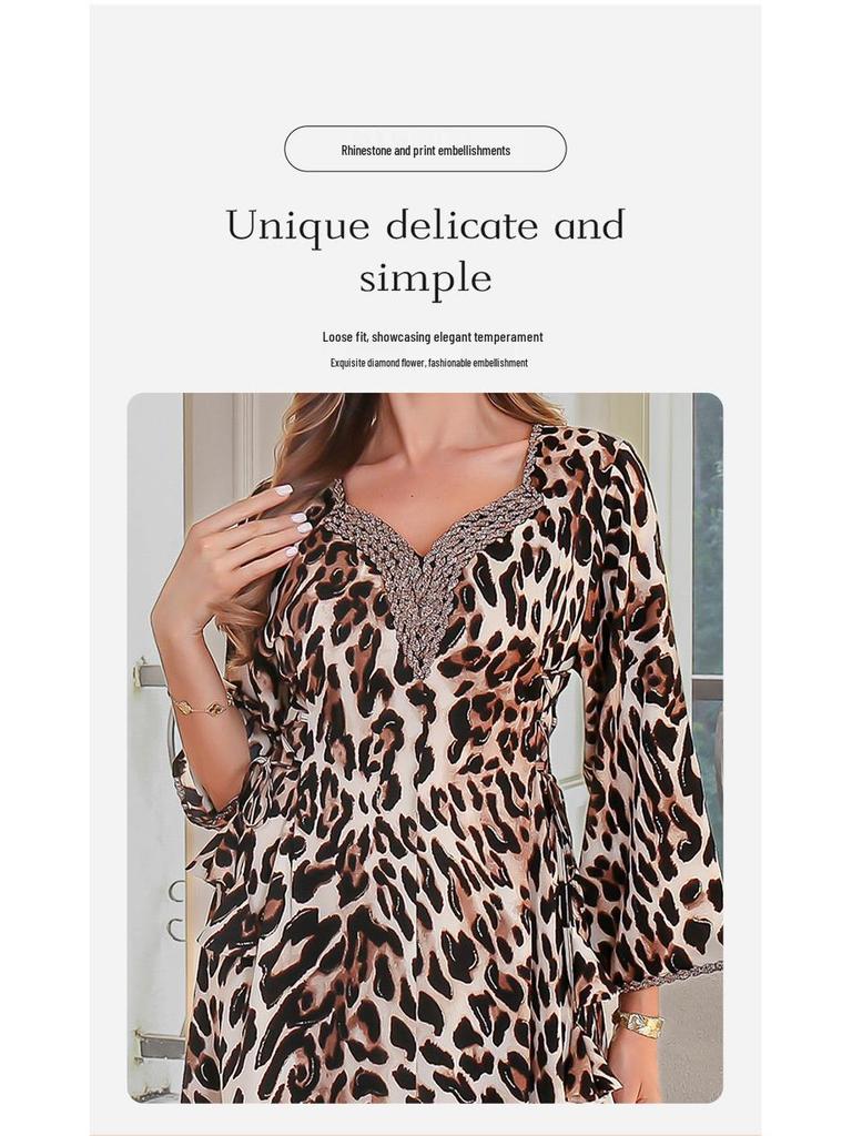 Leopard Print Abaya Dress - Elegant All-Season Middle Eastern Muslim Women's Robe