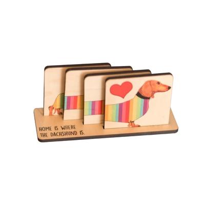 Multipurpose Rainbow Dachshund Coaster Natural Wood Cup Mat Tabletop Organiser Kitchen Essential