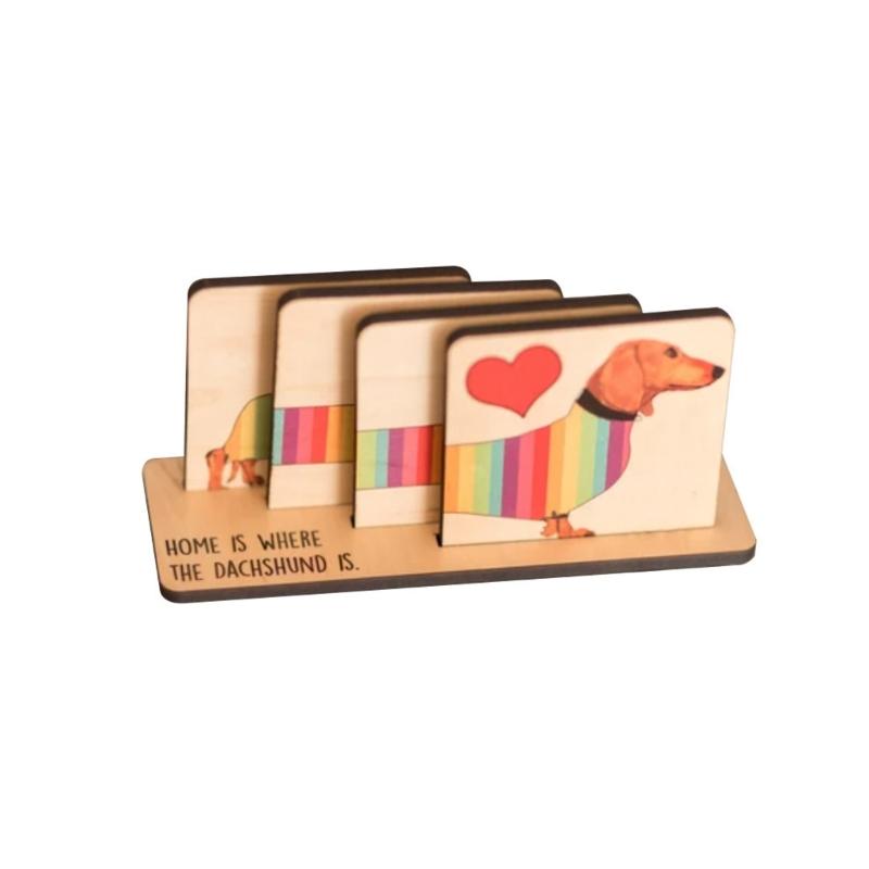Multipurpose Rainbow Dachshund Coaster Natural Wood Cup Mat Tabletop Organiser Kitchen Essential 1