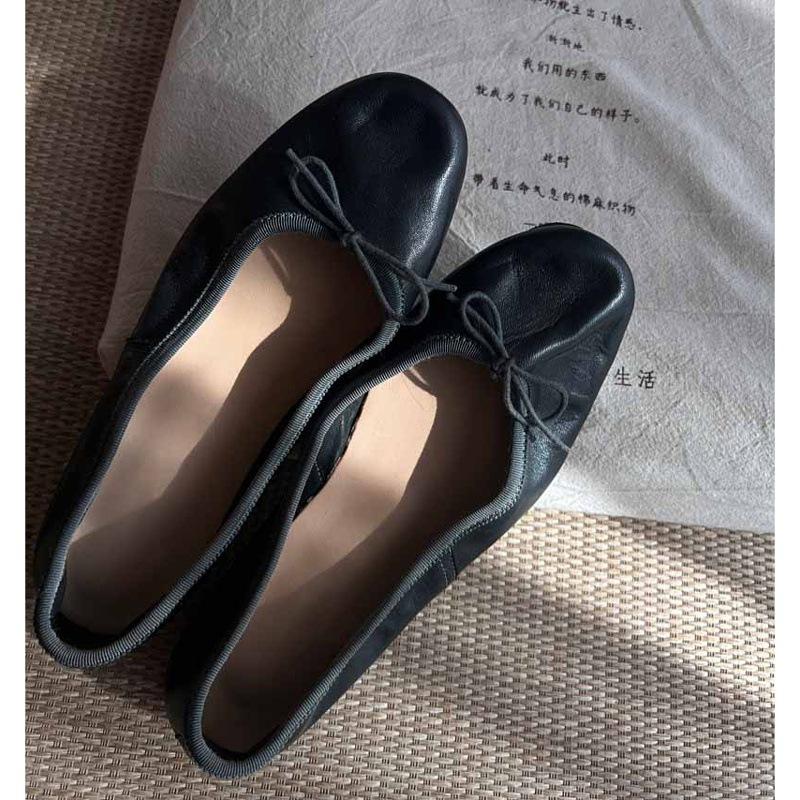 Sheepskin version French with skirt, ballet shoes, round head bow, genuine leather shoes, retro shallow mouth flat sole shoes women