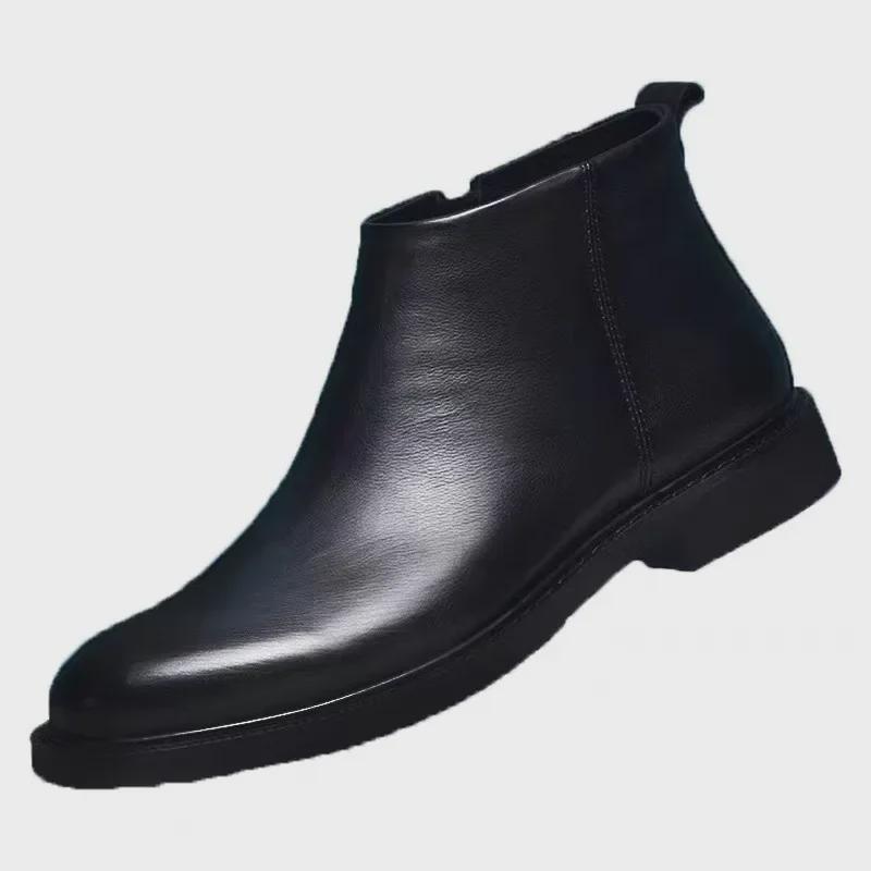 Men's Solid Color Leather Chelsea Boots - European Style, All-Match, Winter
